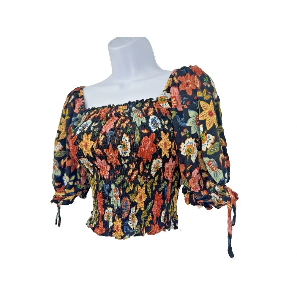 Olivaceous The Impeccable Pig Black Floral Crop Top Smocked cottagecore festival
